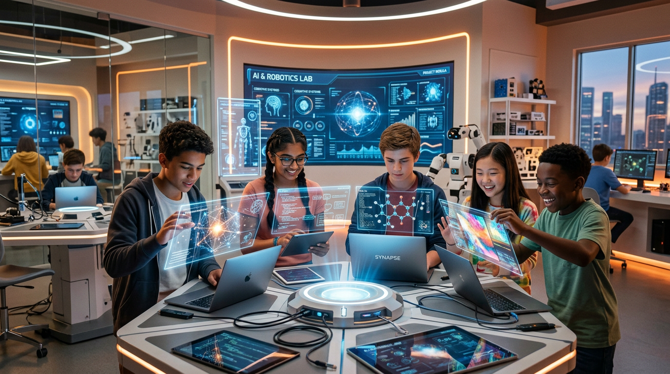 Teenagers in a futuristic AI creative lab